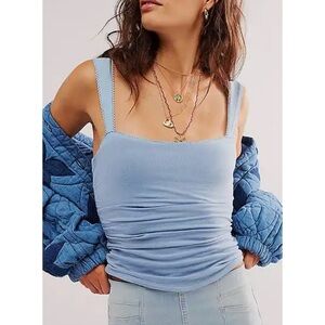 Free People Square Neck Wide Strap Two Tone Baby Blue Cami Eyelet Size XS